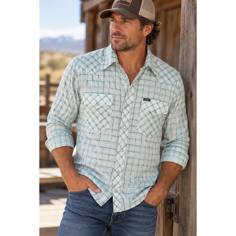 Lee Western Shirt Mens Small Blue White Windowpane Plaid Pearl Snap Vintage USA